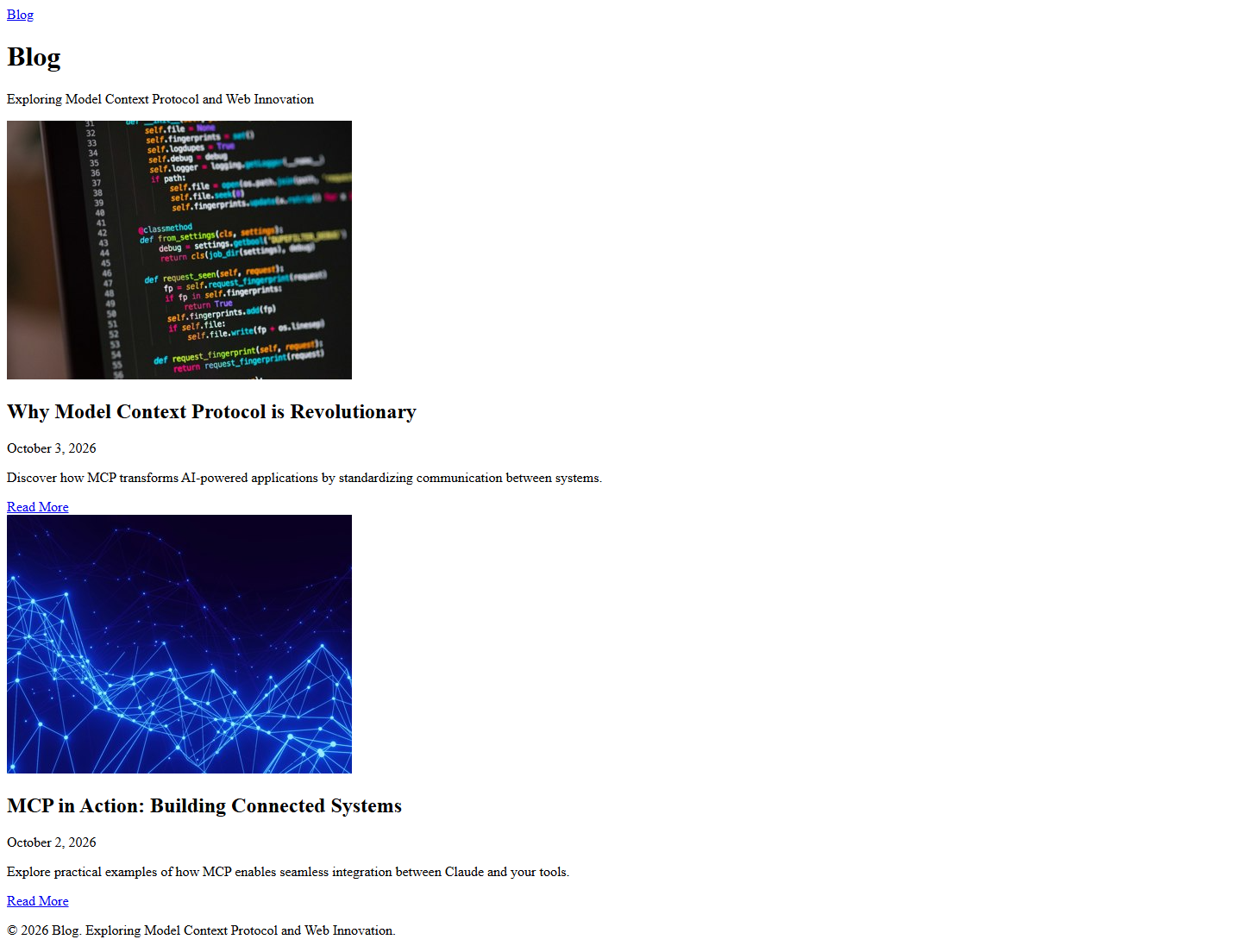 An unstyled blog front page in default browser fonts with two posts and photos