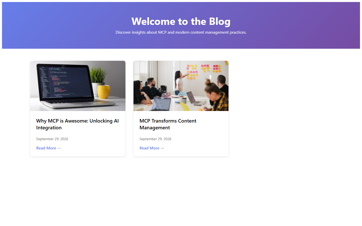 Haiku 4.5's first blog: a purple gradient hero and two post cards